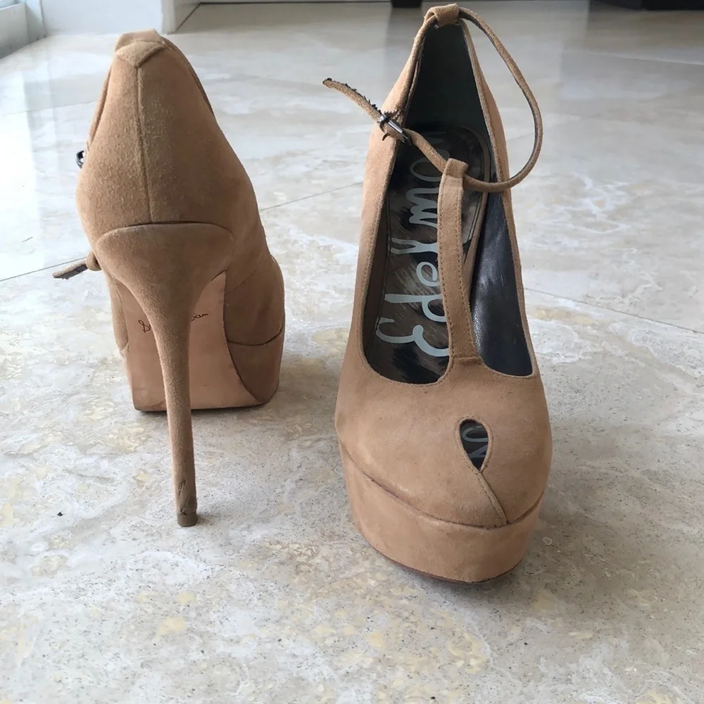 Sam Edelman Ankle T-Strap Pumps -Camel Suede - 8.5
